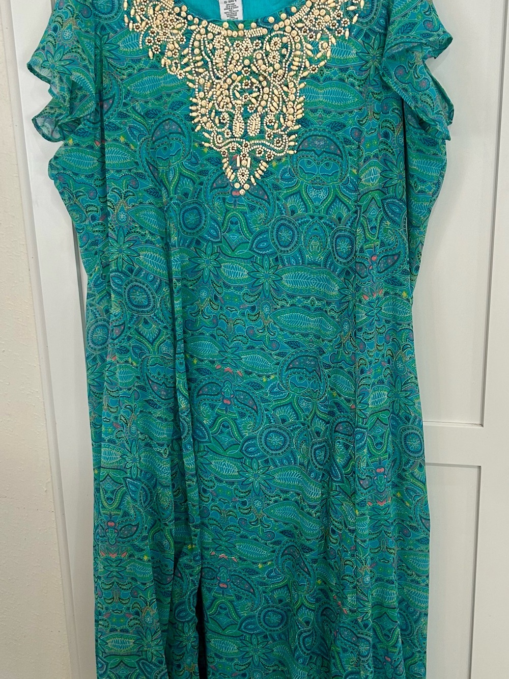 Jessica London Teal Paisley Tunic with Wodden Beaded Neckline